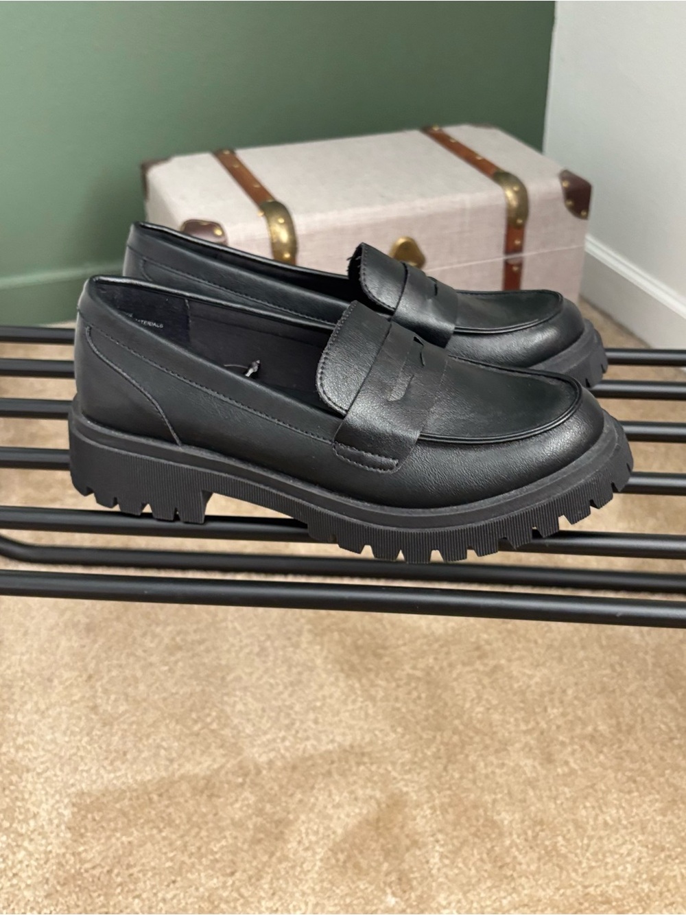 Black Chunky Sole Penny Loafers for Women